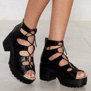 Open Toe Lace Up Black Platform Sandals